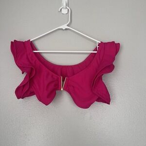 Women's Hot Pink Bikini Top Large Ruffle Sleeve V Cut Swim‎ Water Gold Embellish